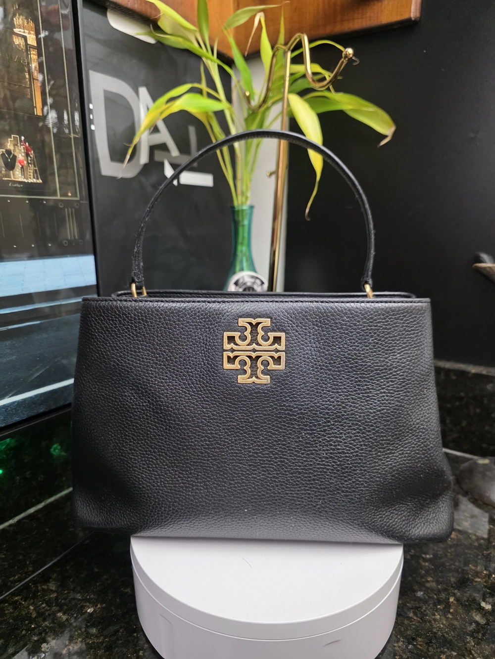 Tory Burch Black Leather Top-Handle Satchel with Gold Logo